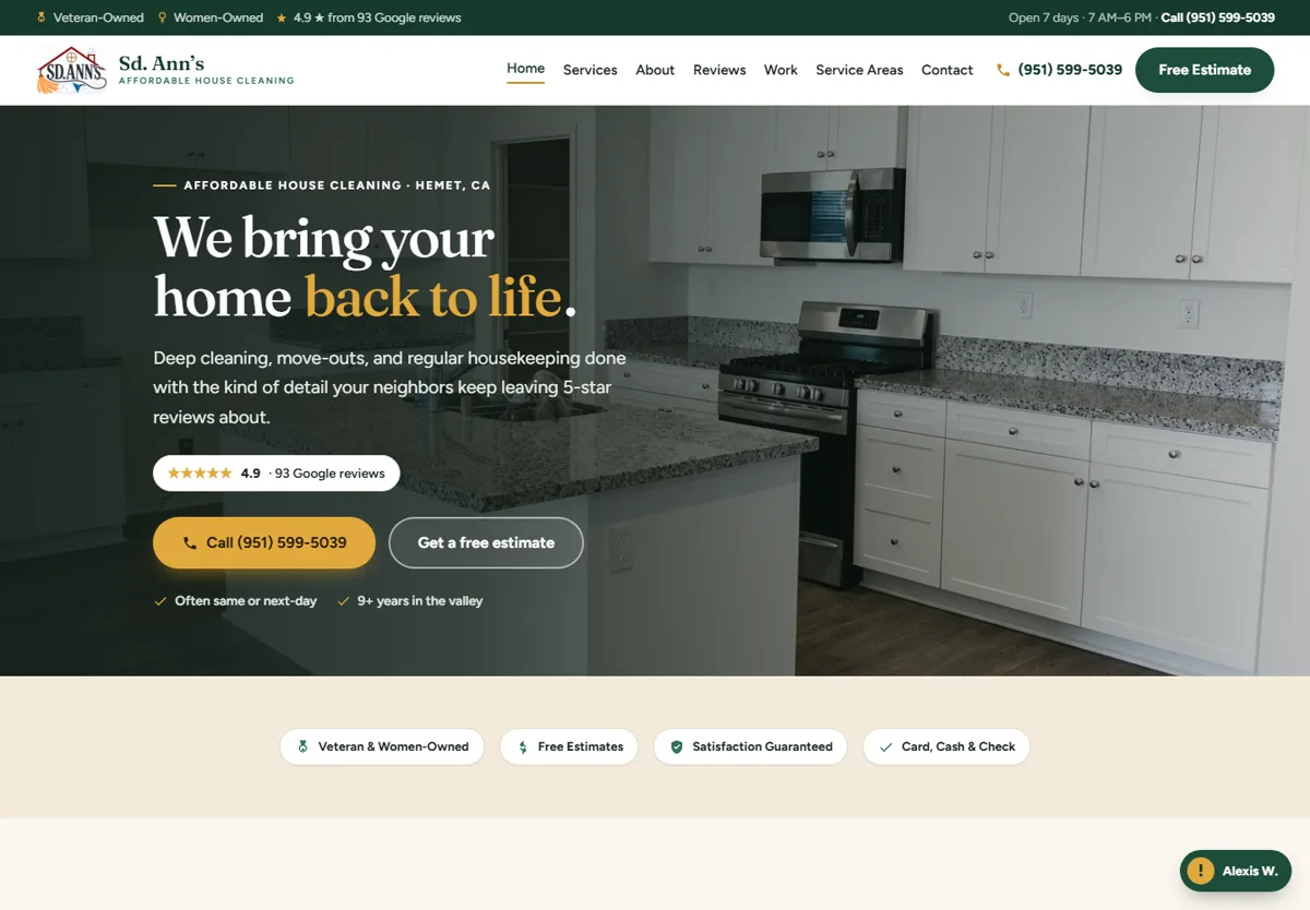 The live Ascend demo: Sd. Ann's Affordable House Cleaning website
