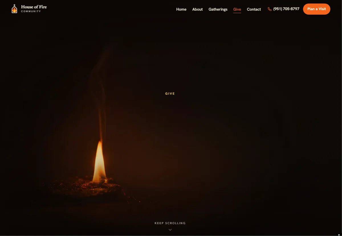 The House of Fire Give page, a real live Elevate build by Web Ascension Pro